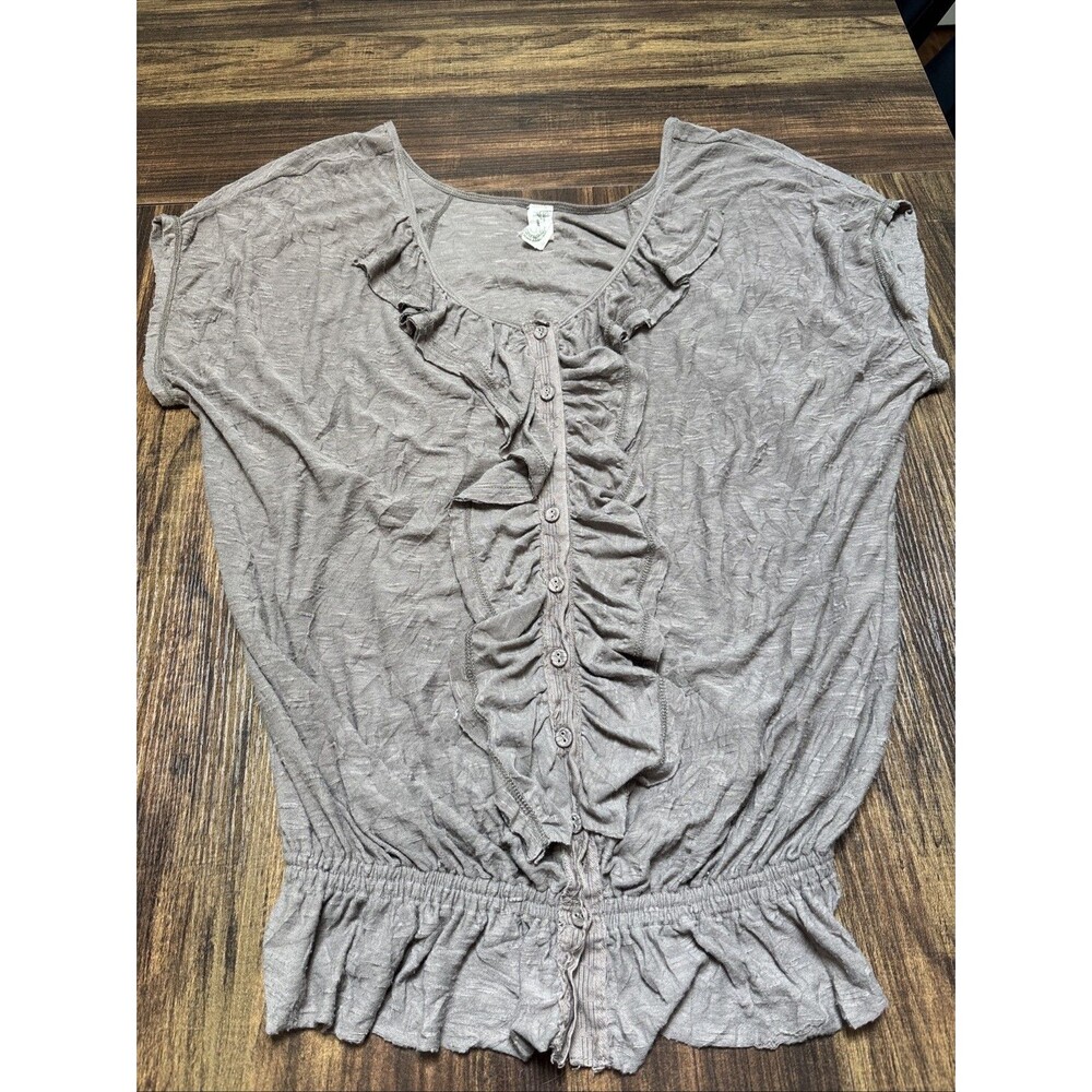 Free People Top Taupe Sz M Ruffles Sheer Flowy Boho